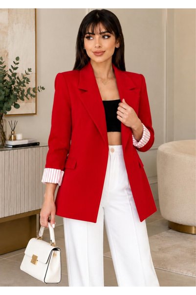 diaves Kadın Çizgi Desen Astarlı Oversize Kırmızı Blazer Ceket