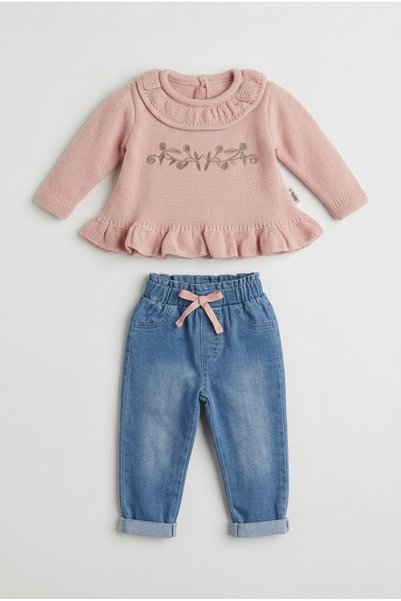 zumino Baby Girl Floral Embroidered Ruffle Trim Knit Sweater and Jean Pants Set