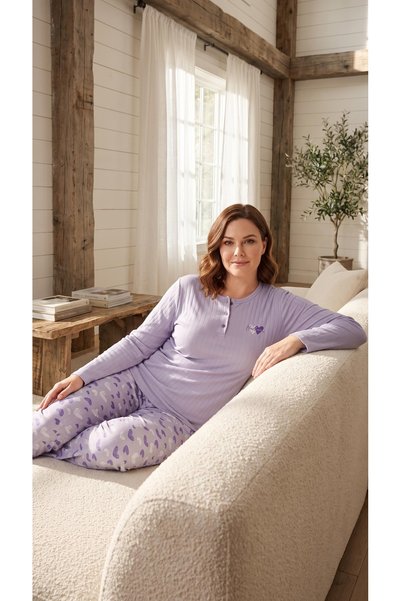 ALACURVE Women's Plus Size Winter Patterned Long Sleeve Elastic Pajama Set
