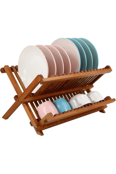 Generic Teak Dish Rack, 2 Tier Stand Drainer