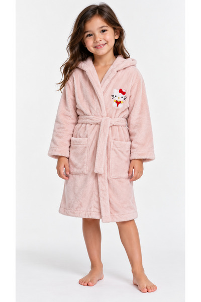 İQON 100% Cotton Hooded Girl's Bathrobe - Hello with Red Ribbon (Age 6)