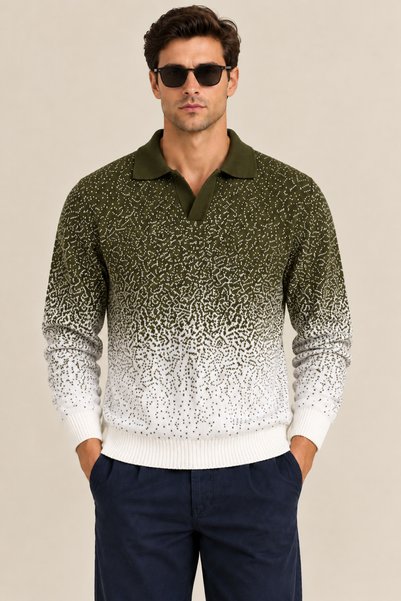 Tarz Cool Men's Polo Collar Buttonless Gradient Patterned Knitwear Sweater Re...
