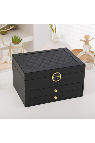 Choice black 1PC, Rhomboid Round Lock Three-Layer Leather Jewelry Storage Box...