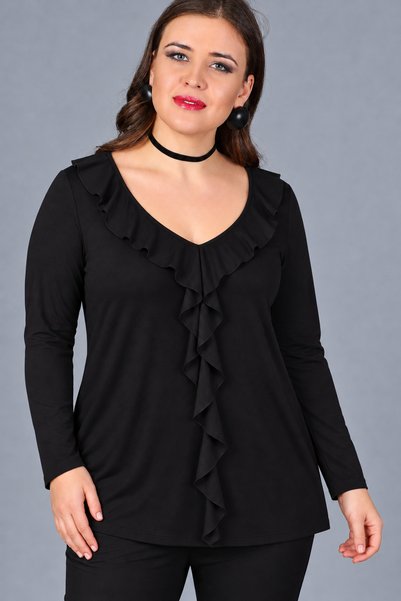 Curvy Trend Büyük Beden V Yaka Fırfırlı Detaylı Uzun Kol Viskon Bluz