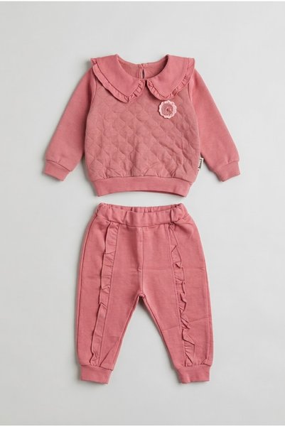 zumino Baby Girl Floral Appliqued Polo Collar Quilted Ruffle Detailed Tracksu...