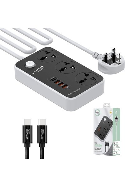 Generic سلك تمديد 2500 واط |   3 مقابس عالمية و4 منافذ USB |   سلك تمديد عالي...
