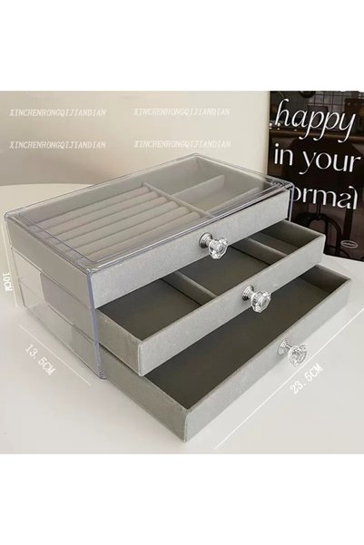 Choice منظم مجوهرات أكريليك شفاف بثلاثة أدراج رمادي-B مع بطانة مخملية لتخزين ...