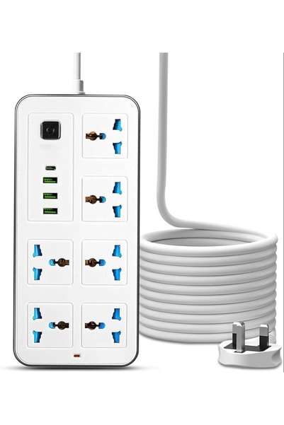 Generic وصلة تمديد كهربائية بقابس بريطاني 6 منافذ مع 3 منافذ USB ومنفذ Type-C...