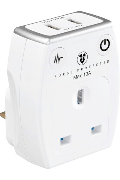 Generic محول طاقة محمي من زيادة التيار بمقبس واحد مع نقطتي شحن USB - أبيض لام...