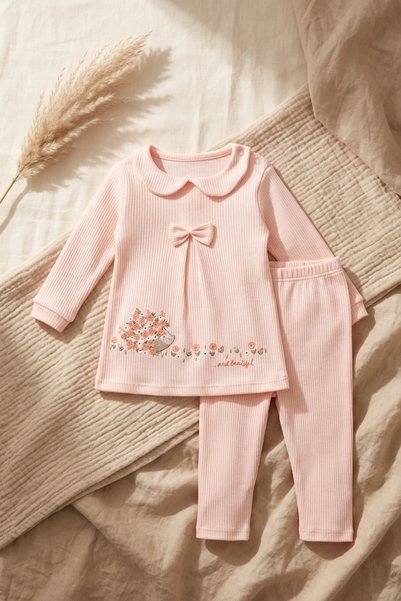 ANP MODA TASARIM Mila Bebe Collared Ribbed Cotton Salmon Baby Girl Set - 2-Pi...