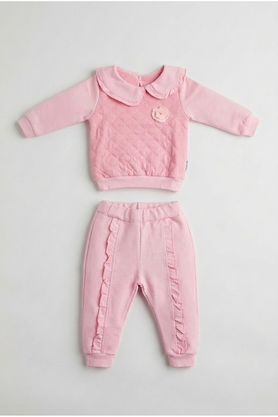 zumino Baby Girl Floral Appliqued Polo Collar Quilted Ruffle Detailed Tracksu...
