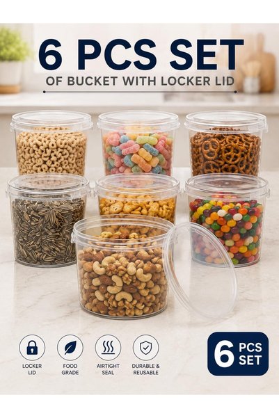 Teb Plastic 6 Pack Clear Plastic Bucket with Lid 610cc Airtight Food Storage ...
