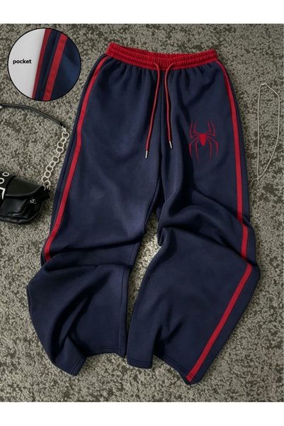 Toum Navy Blue Red Striped High Grunge Printed Oversized Sweatpants