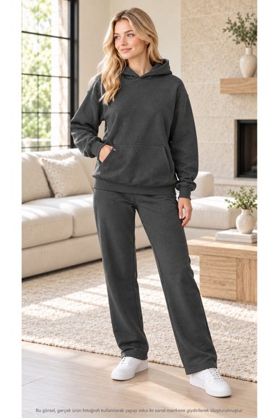 caddekombin Women's Basic Hooded Tracksuit Set - Draped Relaxed Fit Sweatshir...