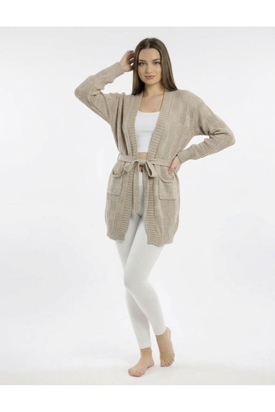 rushana Kadın cepli kuşaklı slim fit örgü triko hırka