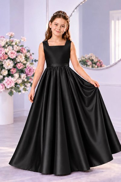 nsmkidslife Girl's Square Neck Long Satin Gathered Model Ball Gown Graduation...