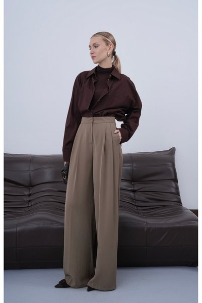 ceymoda Women's Pleated Back Flap Detailed Palazzo Fabric Trousers