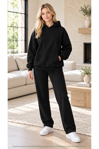 caddekombin Women's Basic Hooded Tracksuit Set - Draped Relaxed Fit Sweatshir...