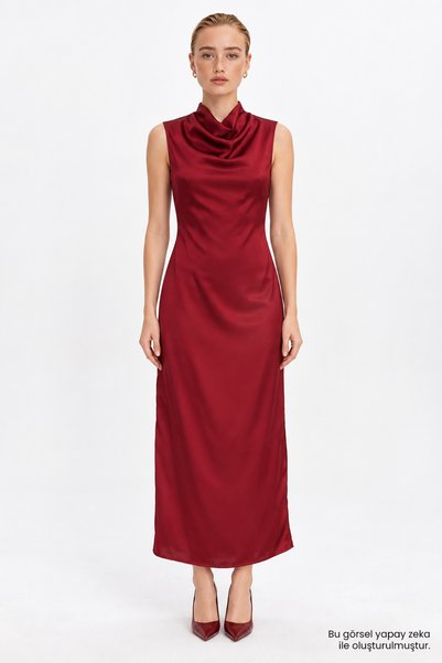 Exquise Sleeveless Degaje Collar Satin Look Midi Dress
