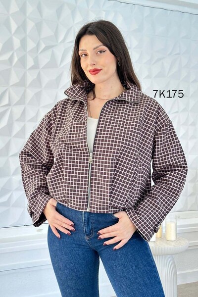 İnce Topuk Gingham Patterned Bomber Jacket 7K175