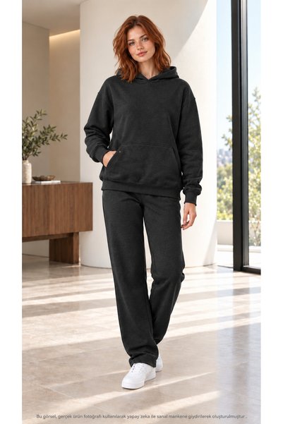 caddekombin Women's Plain Hooded Tracksuit Set - Oversized Sweatshirt with Ka...