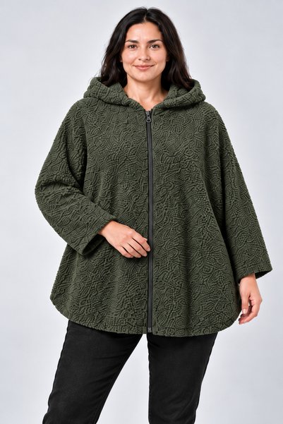 Curvy Trend Büyük Beden Kapşonlu Fermuarlı Sherpa Kuzu Kumaş Ceket