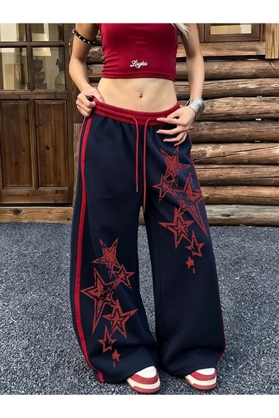 Toum Navy Blue Red Striped High Grunge Printed Oversized Sweatpants
