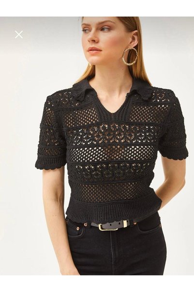 Siyah Örgü V Yaka Kısa Kollu Crop Bluz