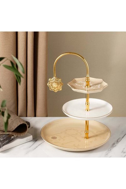 Otantik Home Porcelain 3-tier stand from Oktara - Ivory + Gold