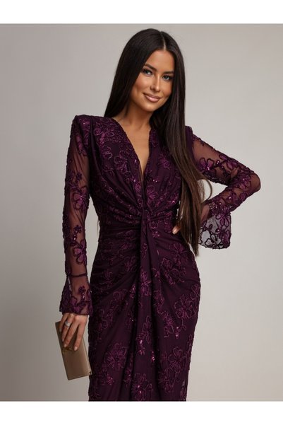 ADAMODA.RO Long tulle dress with floral embroidery, sparkling sequins and fla...