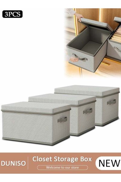 Generic DUNISO 3 Pack Closet Storage Box with Lid and Handle, Stackable Wardr...