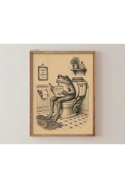 NinaStore Komik Banyo Vintage Kurbağa Tuvalette Posteri Siyah Mürekkep Kurbağ...