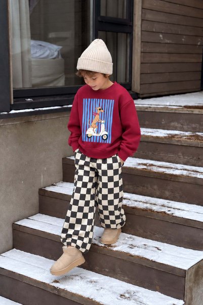 Monila Boy's Cotton 3-Yarn Burgundy Dog Printed Sweatshirt and Checkered Bott...