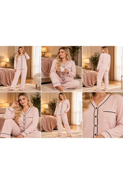PİJAMOOD Pudra Pembe İnce Çizgili Siyah Biyeli Düğmeli Uzun Kollu Pijama Takımı