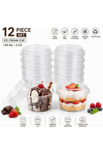 Teb Plastic Ice Cream Cups with Lids, 200cc Plastic Dessert Cups, 12-Piece Se...