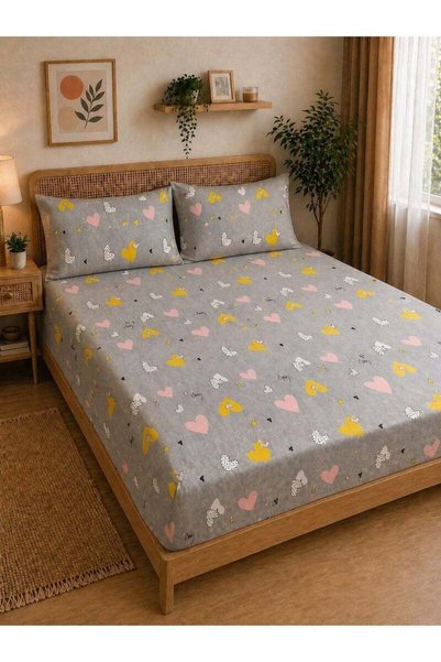 Generic Eworld 3-Piece Fitted Bedsheet Set, Doodle Heart Print, 100% Cotton, ...