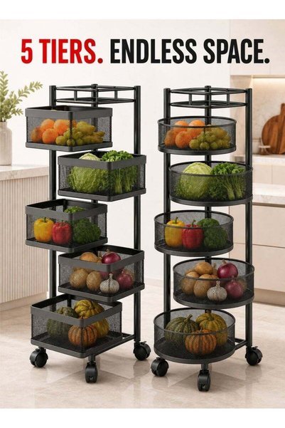 Generic Queens 5-Tier Rotating Kitchen Storage Rack with Wheels, Metal Mesh F...