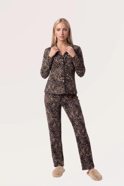 PJS Set de pijamale cu mâneci lungi, cu nasturi, cu imprimeu leopard, pentru ...