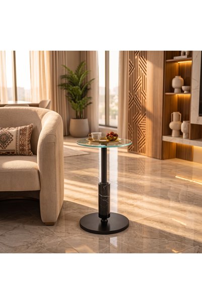 Ebticar Elegant Round End Table with Tempered Glass Top-Black