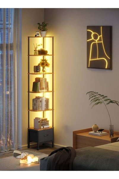 Generic Yanara 6-Tier Corner Shelf with LED Light & Fabric Drawer, 192cm Tall...