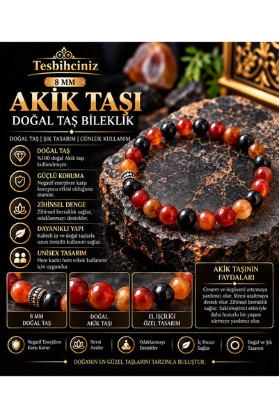 tesbihciniz سوار من حجر العقيق الطبيعي بتفاصيل من الهيماتيت مقاس 8 ملم