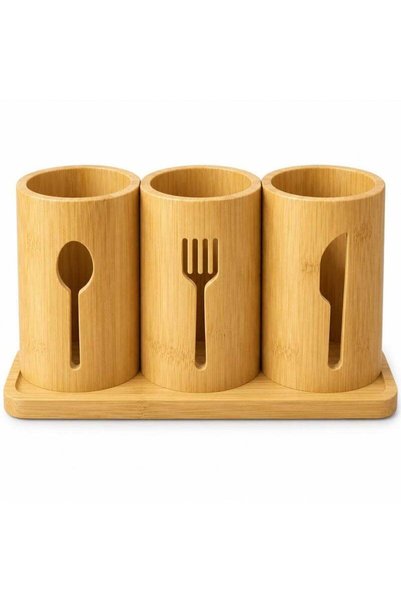 Generic Spoon, Fork and Knife Holder, Natural Bamboo Cutlery Organizer with 3...