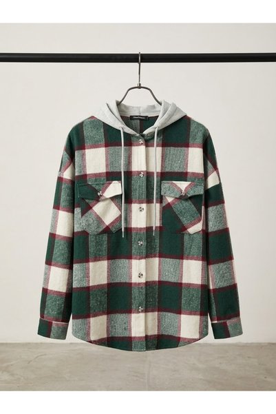 Polologin Butik Koyu Yeşil Bordo Ekoseli Kapüşonlu Çift Cepli Oversize Kadın Oduncu Gömlek Ceket