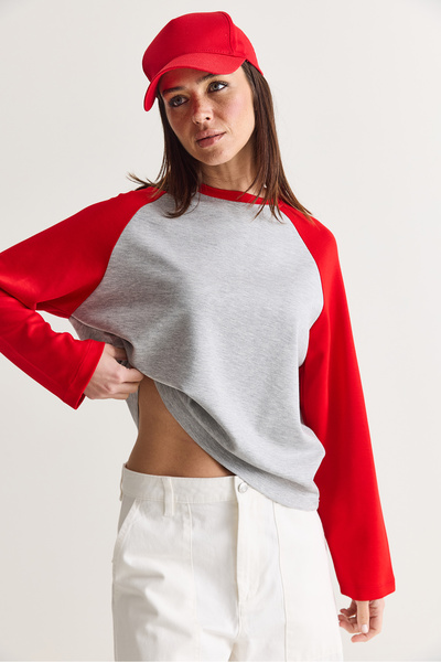 Bianco Lucci Kadın Gri-Kırmızı Regular Reglan Kol Renk Bloklu Uzun Kollu Sweatshirt 928 60286777