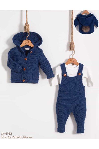 STRAWBABY Pom-pom hooded knit cardigan, knitted overalls, and bodysuit 3-piec...