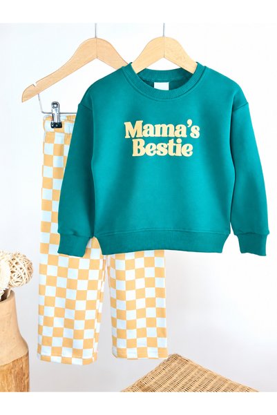 elzo collection Unisex Tropik Yeşil Mamas Bestie Yazılı Sweatshirt Kareli Eşofman Alt Üst Takım