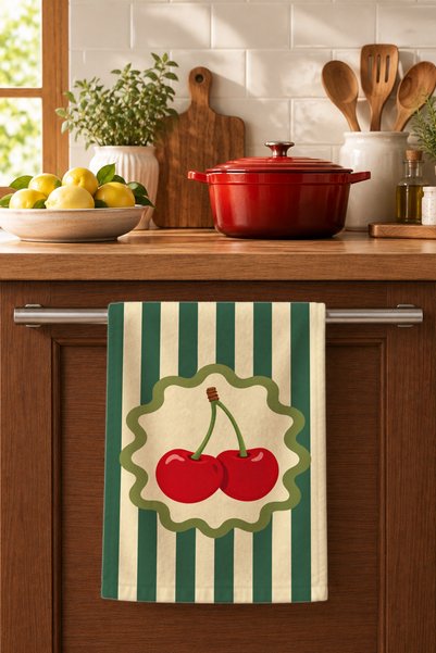 Charmbi Cherry Patterned Digital Printed Tea Towel 35X50 cm Cotton Kitchen Towel