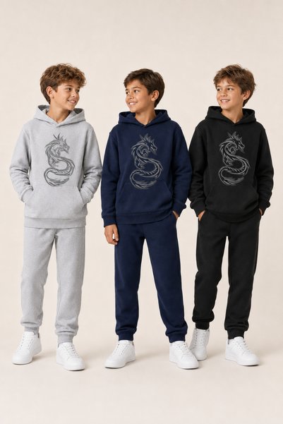 han elegant 3-dijelni unisex dečiji trenerka sa zmajevim printom, kengur džep...
