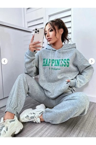ORLONTEX Women's Gray Happiness Printed Oversize Hooded Set