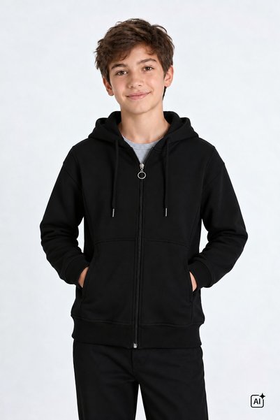 CansınMini Boy's Black Basic Hooded 3 Thread Ribbed Cardigan 25060
